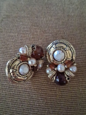 Earrings with clips 4cm like new, gold, white and brown elements