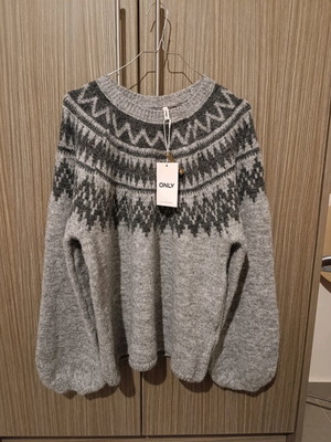 Wool women's Only sweater Large new, grey melange with anthracite pattern