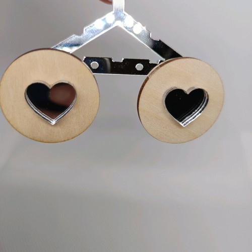 Wooden earrings with plexiglass hearts new, stainless steel clasp