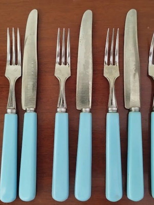 Vintage fruit and dessert cutlery set inox with blue handles, used, 12 pieces