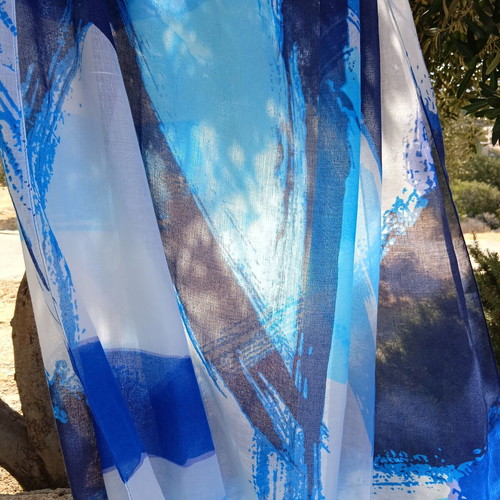 Alfred Sung large vibrant blue turquoise and white pareo