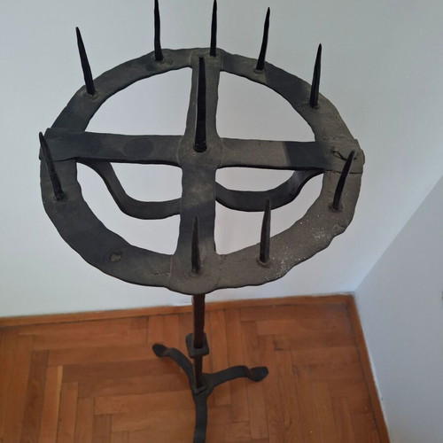 Antique Forged Floor Candlestick used, 110 cm, hand restored