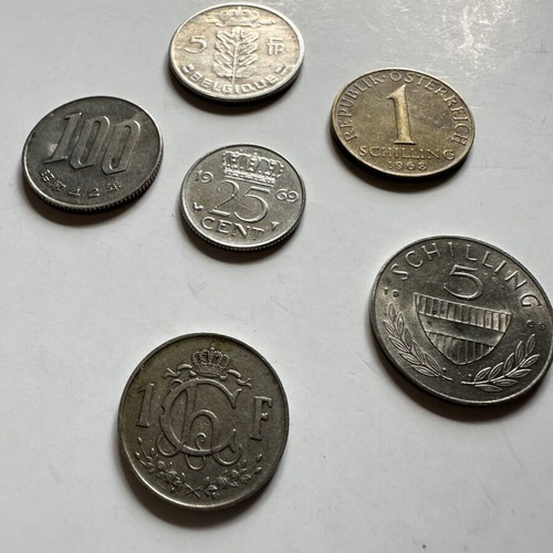 Set of 6 used coins from Japan, Netherlands, Belgium, Austria, Luxembourg