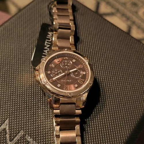 Quantum wristwatch new, brown and gold with bronze bracelet and Swarovski crystals