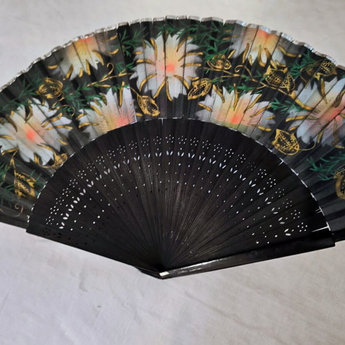 Japanese fan new, bamboo and silk paper, black multicolor