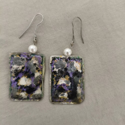 Handmade Earrings with Resin and Pearls, Abstract Design, Like New