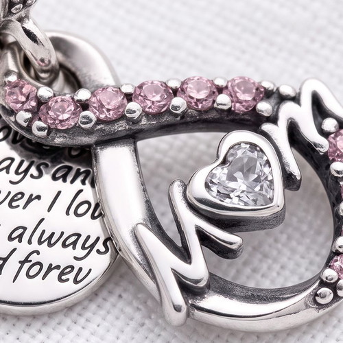 Pandora Mum Infinity Pavé Double Dangle Charm S925 ALE new, pink and silver