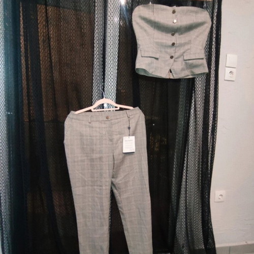 Enzzo Strapless Top and Pants Set new with tags, size L, plaid gray