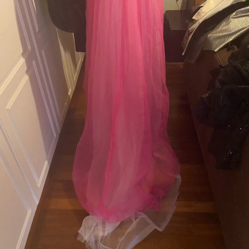 Evening dress used, very long pink and white with train, size S