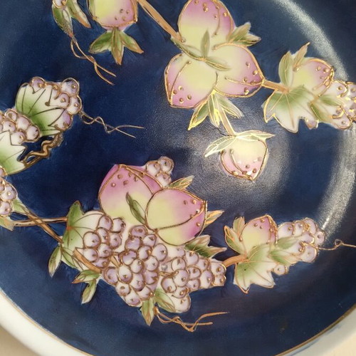 Satsuma porcelain decorative plate, cobalt blue with gold floral details
