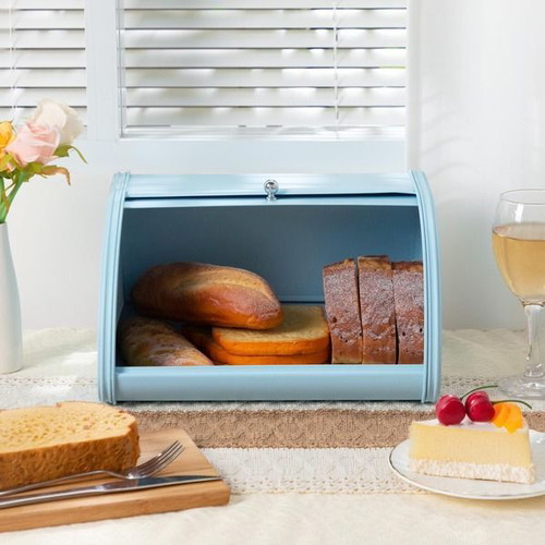 HollyHOME metal bread box with roll-top lid, light blue