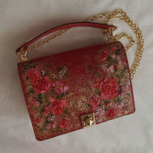 Leather crossbody bag red with hand-painted floral design new
