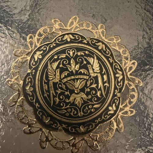 Vintage Brooch with Winged Gryphon Damascene Technique and 24K Gold Inlays