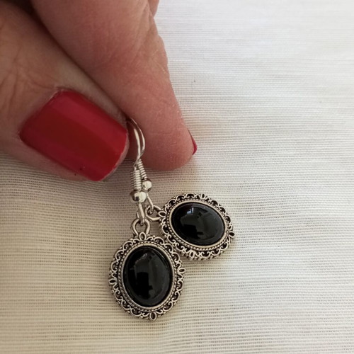 Gothic Victorian Oval Earrings with Black Silver Design New