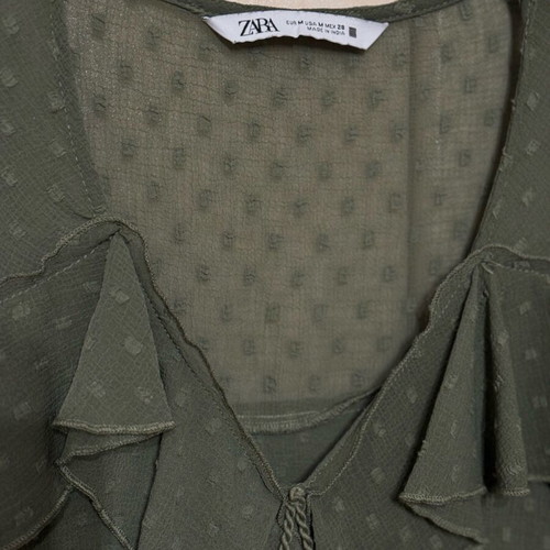 Zara khaki blouse semi-transparent with ruffles like new