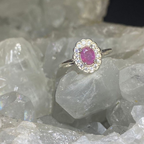 Silver ring with natural ruby and moissanites, new, handmade