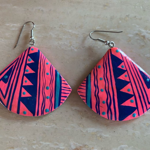 Wooden earrings hand-painted boho style, vintage 90s, new