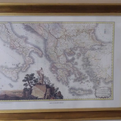 Engraving map of Greece vintage, like new, colored with frame