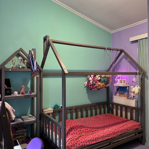 Montessori style children's bed and bookshelf set, gray wood