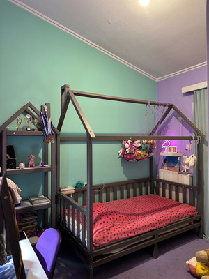 Montessori style children's bed and bookshelf set, gray wood