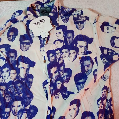 Mossimo Elvis Vintage Shirt New, Rayon, White and Blue, Size L
