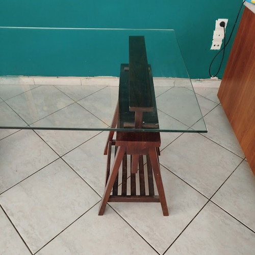 Desk with Glass Top on Two Sawhorses Like New