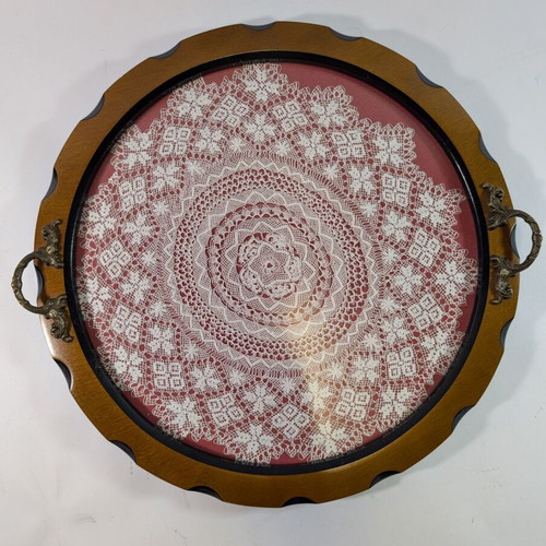 Traditional wooden trays with embroidery and glass used, set of 2, 35cm