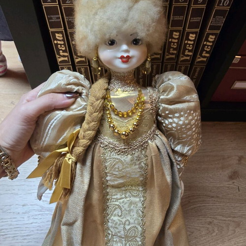 Russian handmade glass doll like new, golden with glass feet