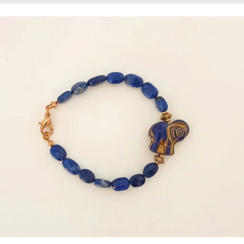 Handmade bracelet with lapis lazuli and glass elephant bead new