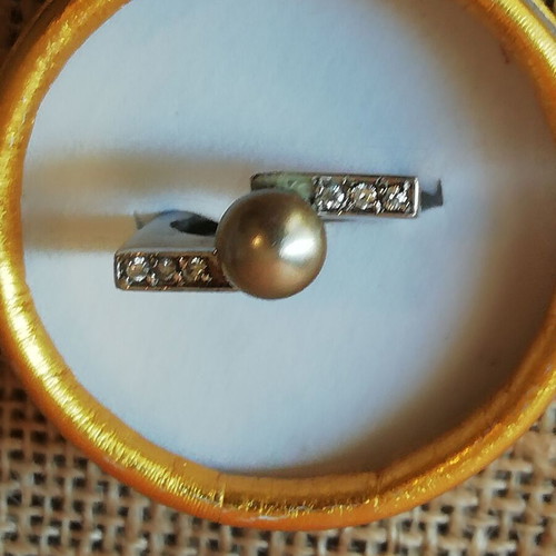 Steel solitaire ring silver with synthetic pearl and zircon new