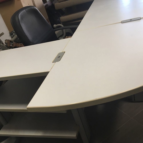 Corner desk used with adjustable height, chair and drawer unit