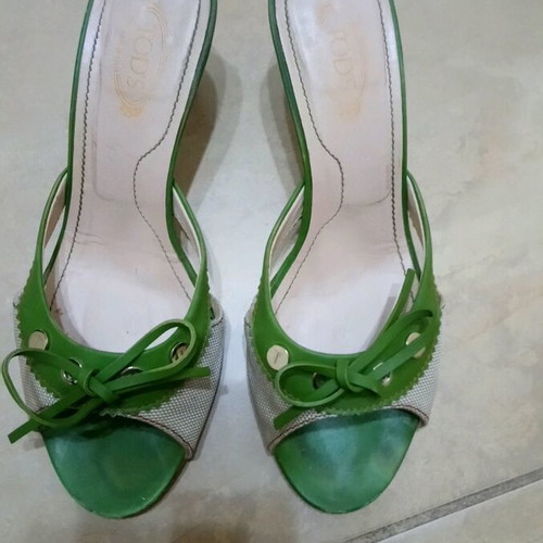 Tod's sandals used, beige and green with wooden heel, size 36.5