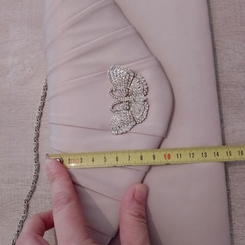 Vintage evening bag like new, gray-beige with butterfly ornament