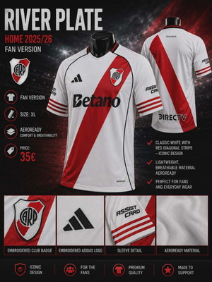 River Plate Home 2025/26 Fan Version Jersey Size XL