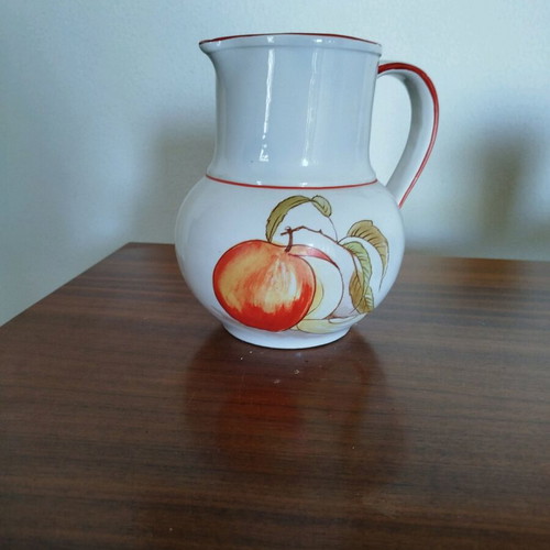 Faience jug used, white with fruit motif