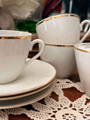German porcelain cups used, set for 3 with sugar bowl