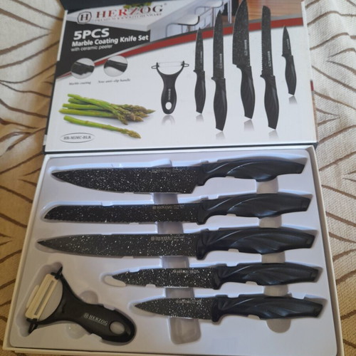 Herzog kitchen knife set 5 pieces with marble coating and peeler new