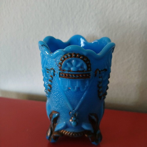 Blue opaline like new with embossed decoration and bronze paint
