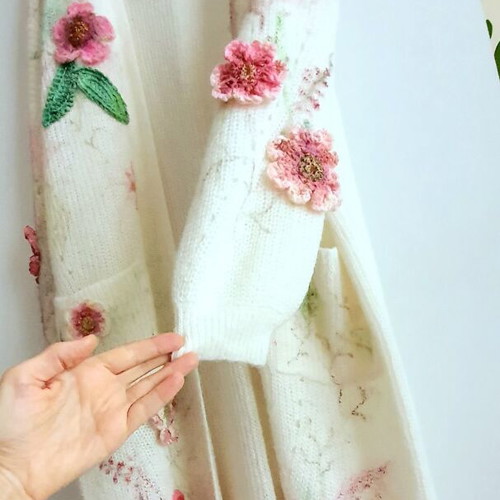 Cardigan long knit with handmade crochet flowers, new, alpaca wool