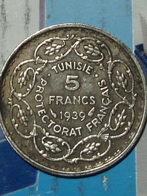 1939 Τυνησία 5 Francs ασημένιο νόμισμα μεταχειρισμένο Ahmad Pasha Bey
