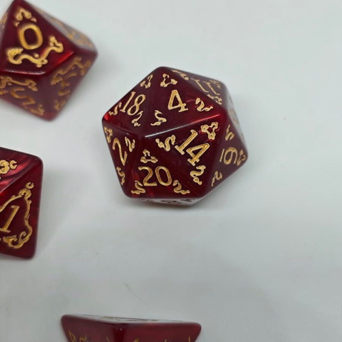 D&D Dragon Pearl Red & Gold Dice Set like new, 7 pieces