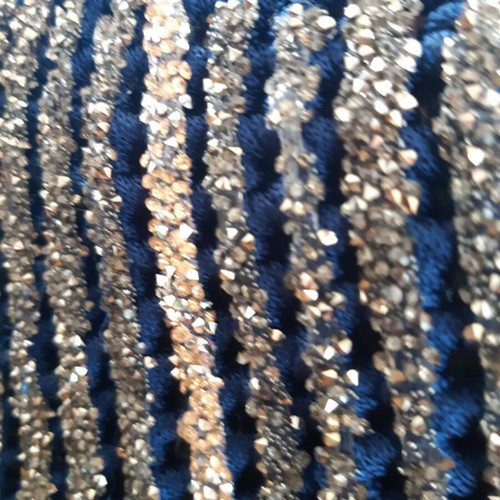 Handmade evening blue knitted shoulder bag with sparkle and chain