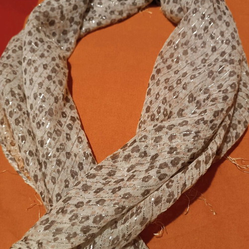 Square beige scarf like new with brown pattern and silver thread