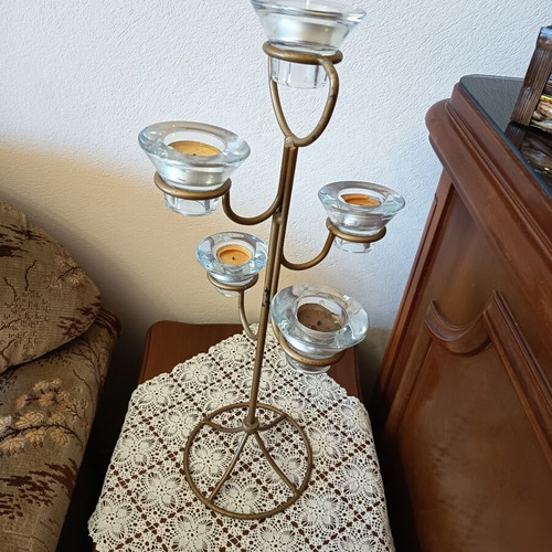 Vintage metal candle holder with 5 glass tealight holders like new