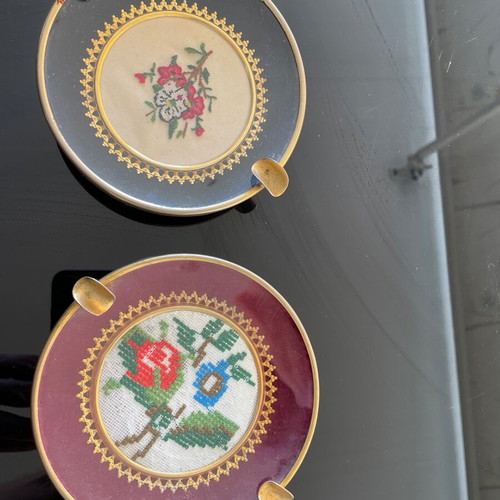 Vintage metal ashtrays with handmade embroidery, used, set of 2