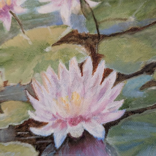 Handmade oil painting water lilies on lake 35x25 cm new