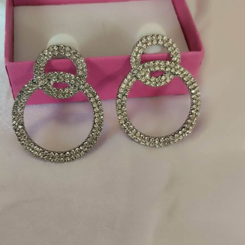 Earrings double hoops with sparkling strass new, silver