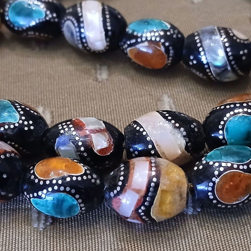 Yiousouri Worry Beads used with amber, mother-of-pearl and silver embroidery