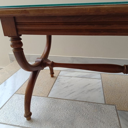 Coffee table used, wooden with protective glass