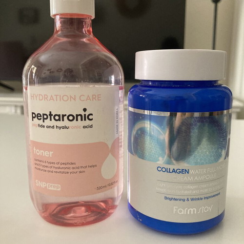 Peptaronic Toner 320 ml and Collagen Cream used, Korean skincare set